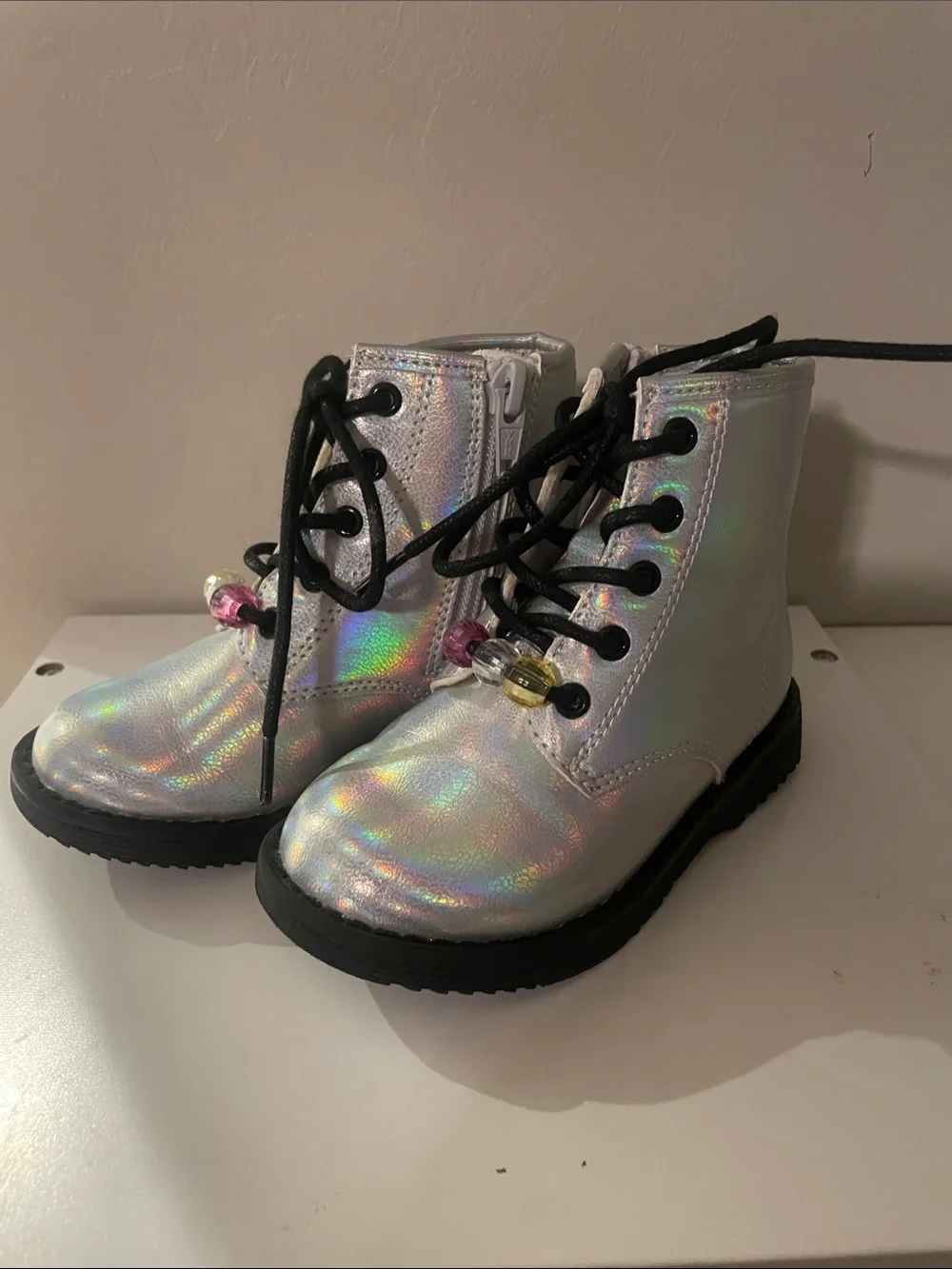 Kids Holographic Lace-Up Ankle Boots - Silver